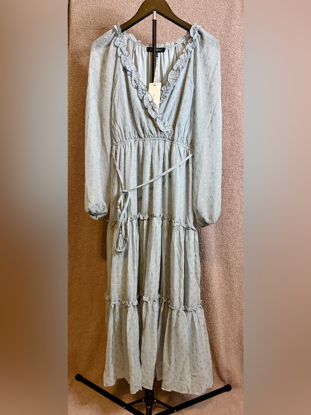 By The River Blue Gold Metallic Dot Tiered Maxi Dress Ruffle Boho